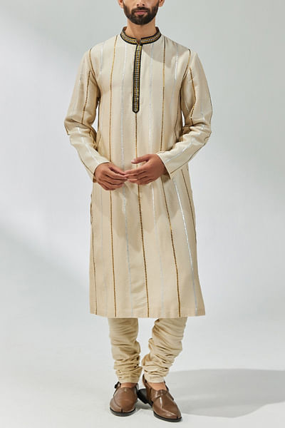 Beige zari embroidered kurta set