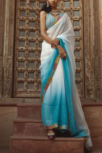 White and blue dyed organza sari set