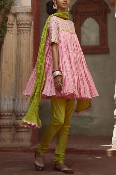Pink frilled kurta and churidar set