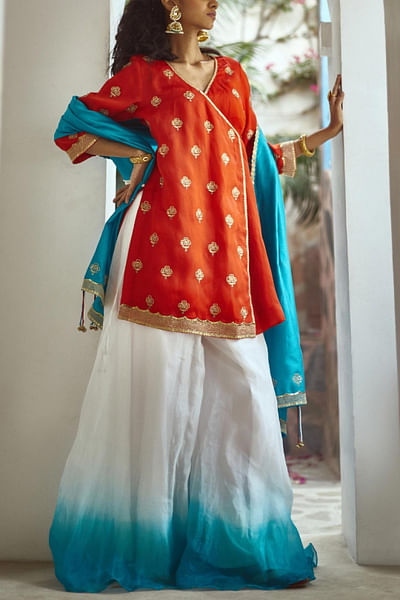 Red angrakha kurta and palazzo set
