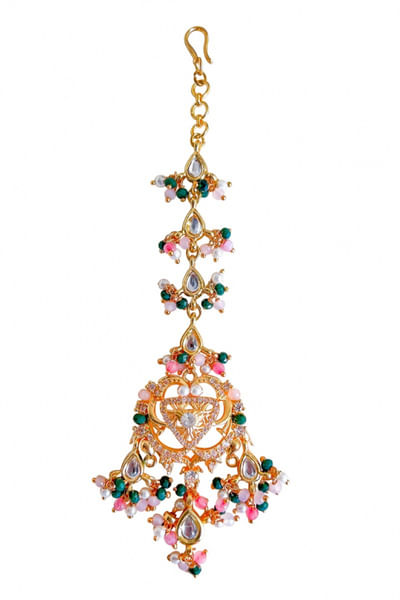 Gold plated bead embellished maang tikka