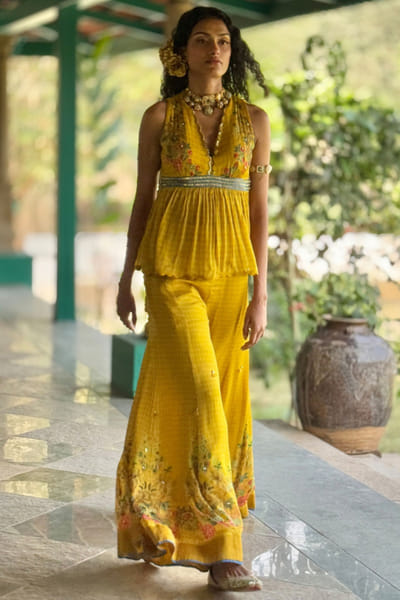 Mustard flora and fauna printed co-ords