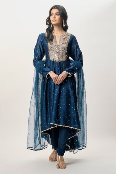 Navy blue embroidered high-low anarkali set