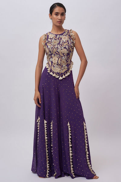 Purple tasselled mukaish georgette sharara set