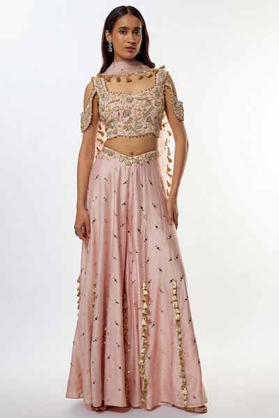 Rose pink tasselled mukaish sharara set