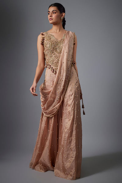 Dull rose embroidered drape sharara set