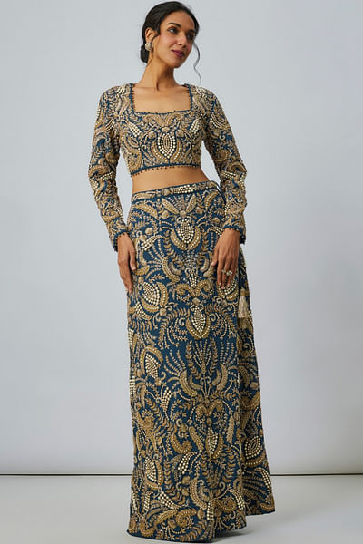 Navy blue floral embroidered skirt set