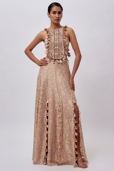 Blush pink floral brocade silk skirt set