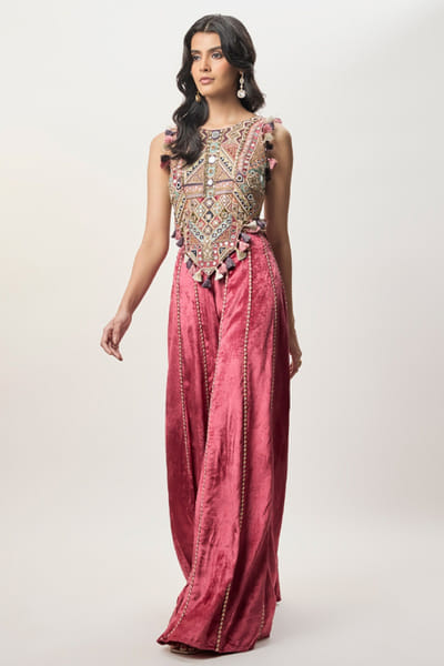 Payal Singhal Red mirror embroidered top and sharara set PAYFEB26D138894