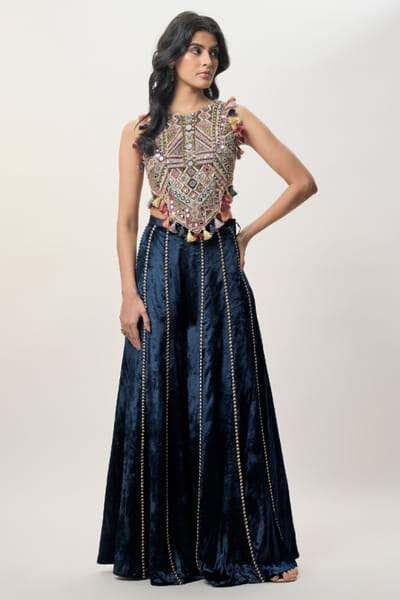 Navy blue mirror embroidered top-sharara set