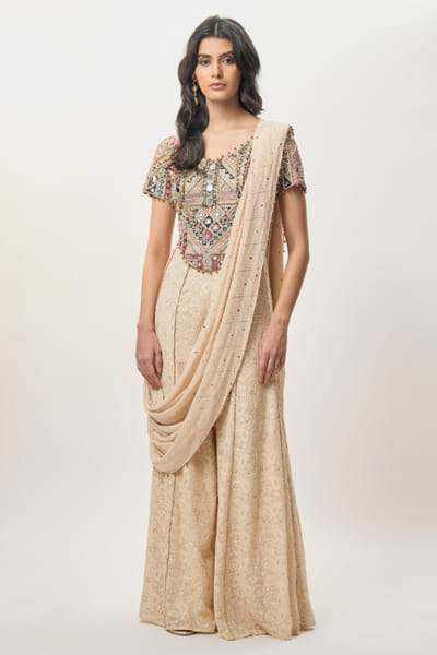 Beige embroidered sharara set