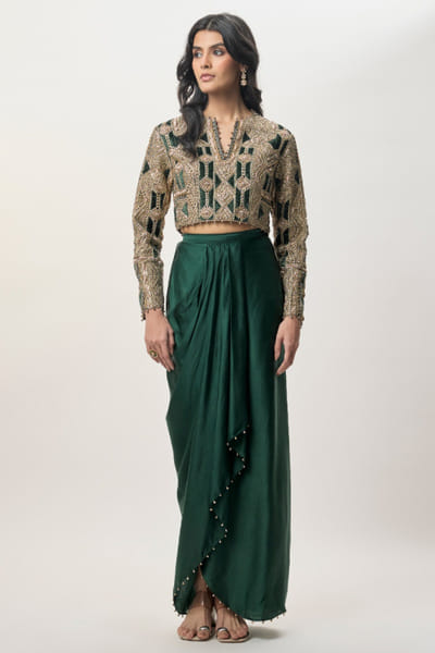 Emerald green draped dhoti skirt set