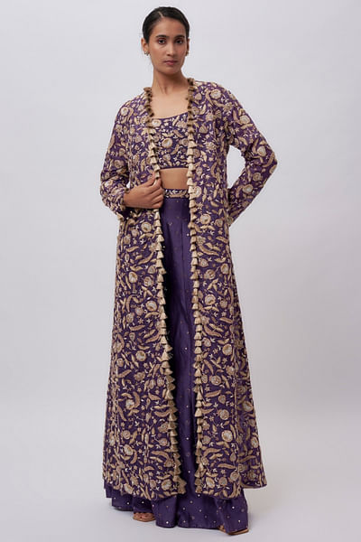 Purple tasselled mukaish jacket sharara set