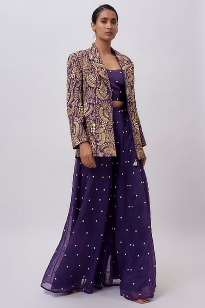 Purple floral embroidered blazer sharara set