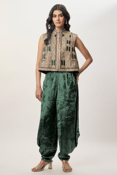 Emerald green embroidered jacket and pant set