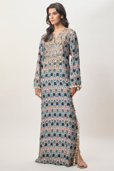 Blue printed and embroidered kaftan