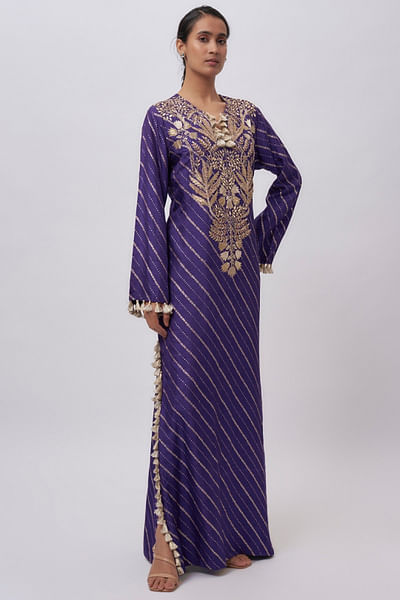 Purple floral embroidered dola silk kaftan
