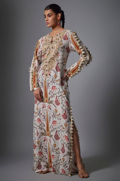 Cream ochre floral print and embroidery kaftan