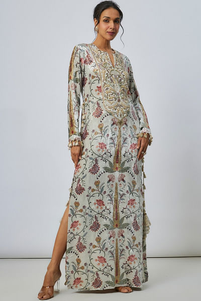 Off-white floral print and embroidered kaftan