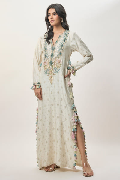 Off-white embroidered chiniya silk kaftan