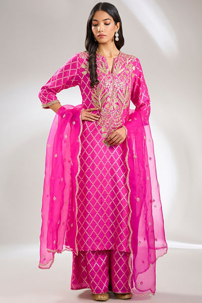 Hot pink floral embroidery and print kurta set