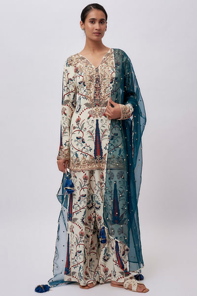 Cream floral print and embroidered kurta set