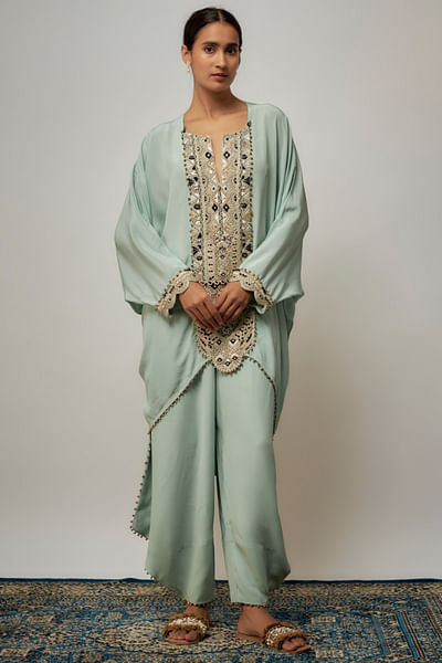 Seafoam geometric embroidered kaftan set