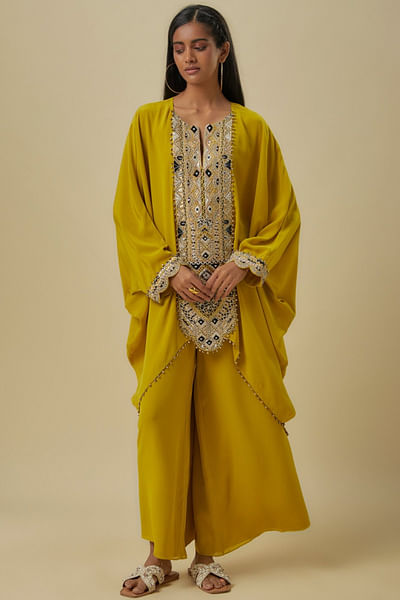 Olive green embroidered kaftan set