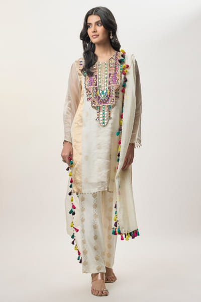 Off-white embroidered kurta and palazzo set