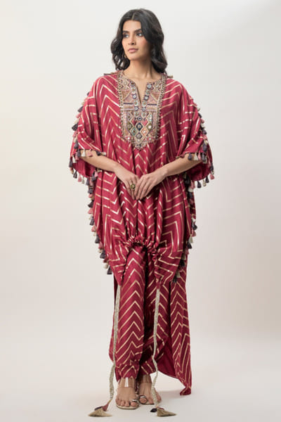 Red embroidered high–low kaftan jogger set