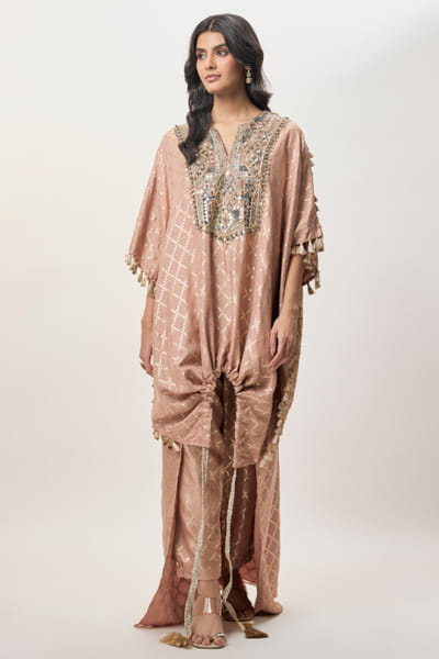 Coral embroidered high–low kaftan jogger set
