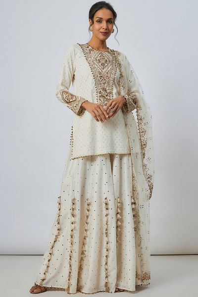 Off-white tasselled mukaish kurta sharara set