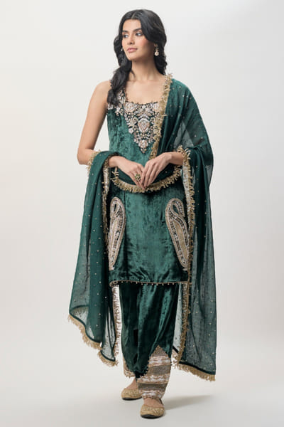 Emerald green embroidered farshi salwar set
