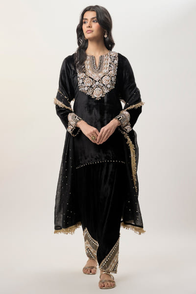 Black embroidered kurta and farshi salwar set