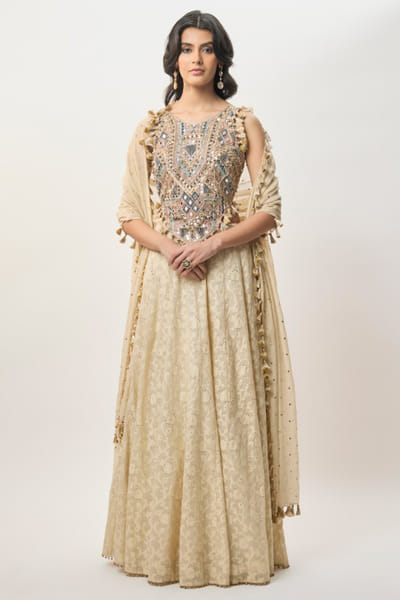 Beige mirror-mukaish embroidery lehenga set