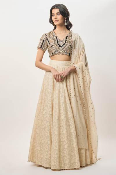 Beige mirror-mukaish embroidered lehenga set