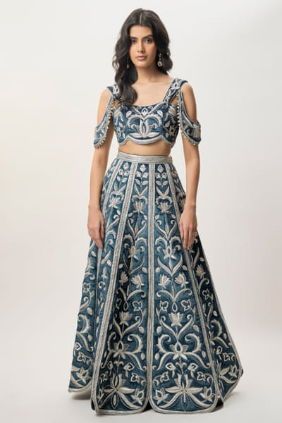 Blue floral quilted and embroidery lehenga set