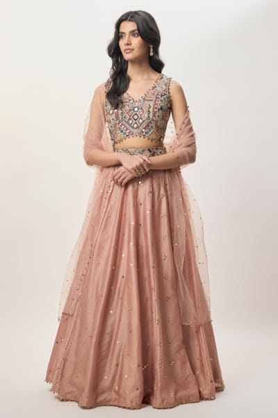 Peachy pink embroidered lehenga set