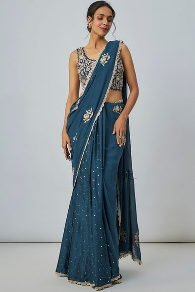 Teal blue floral embroidered sari set