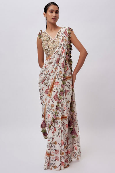 Cream floral printed pre-stitched sari set