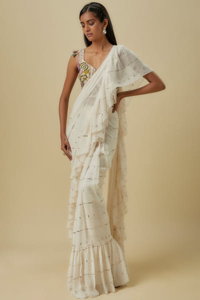 Off-white pre-draped sari set