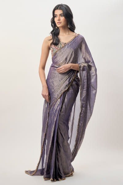 Purple mirror embroidered pre-draped sari set

