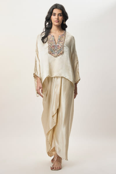 Beige embroidery top and draped skirt set
