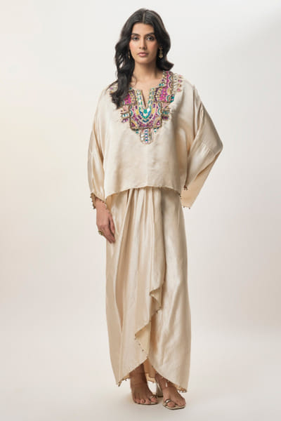 Beige embroidered top and draped skirt set