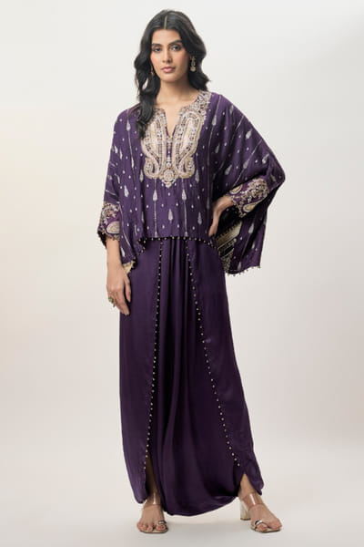Purple embroidered top and dhoti skirt set
