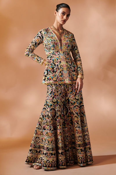 Black resham embroidered peplum sharara set