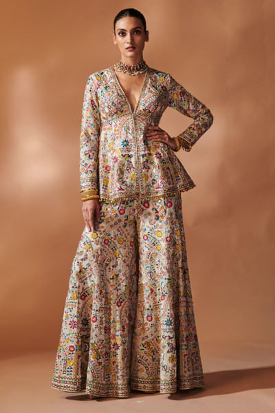 Ivory resham embroidered sharara set