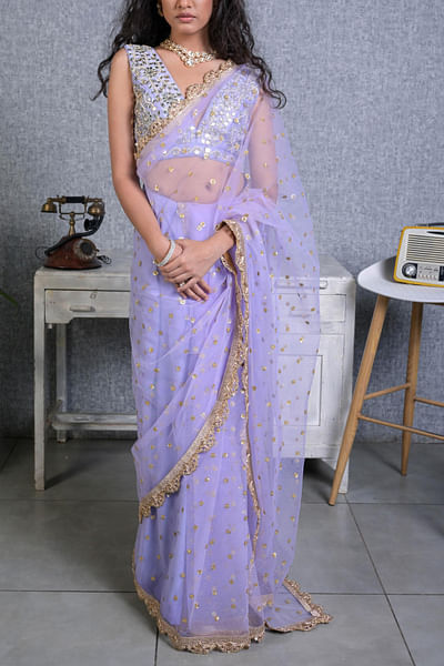 Lavender embellished net sari set