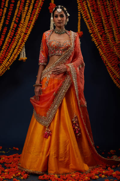 Preeti S Kapoor Marigold yellow embroidered lehenga set PREEAUG26D153883