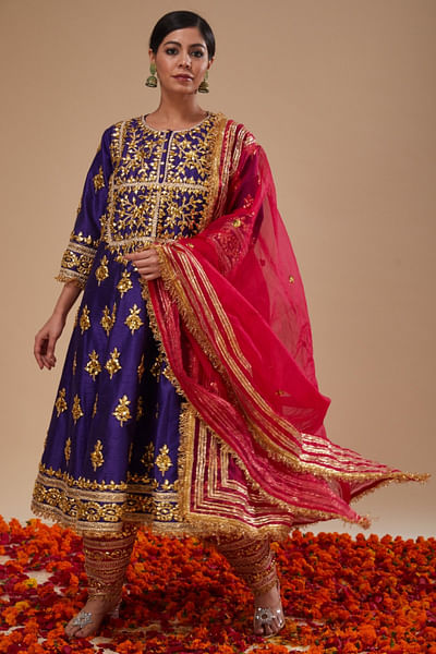 Midnight blue and fuchsia gota anarkali set